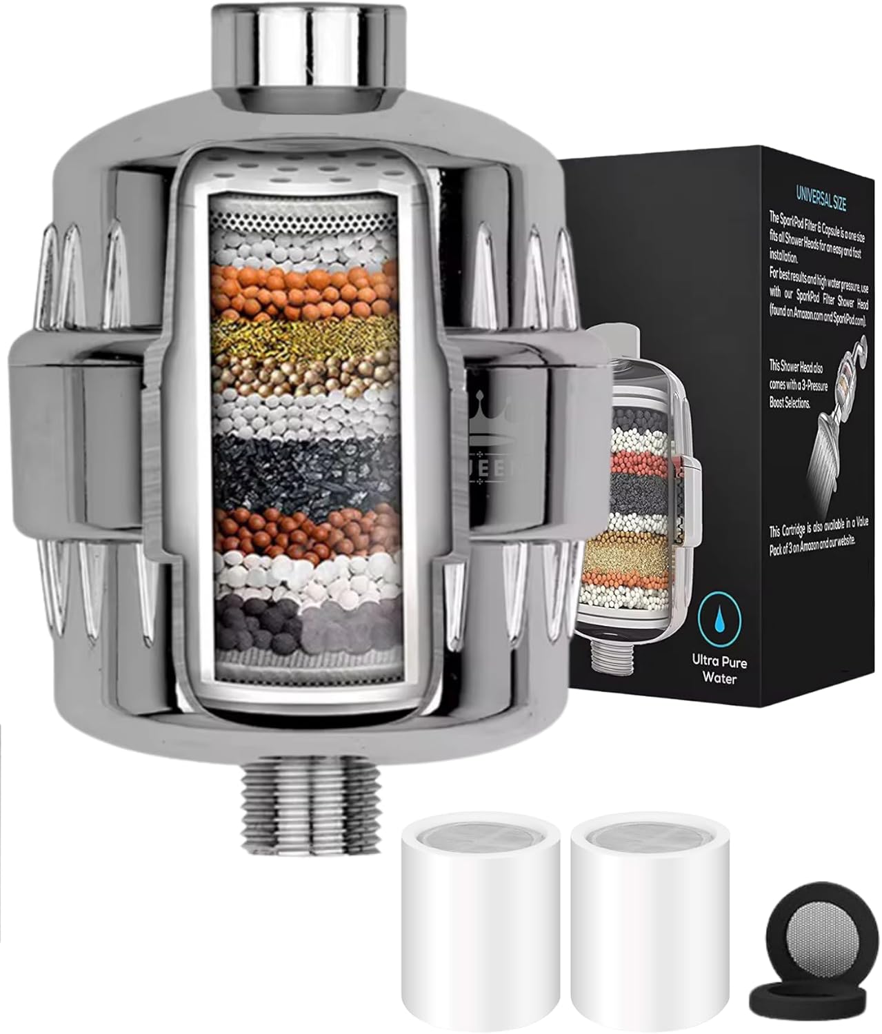 3QUEENS Universal Shower Filter – Chrome Silver