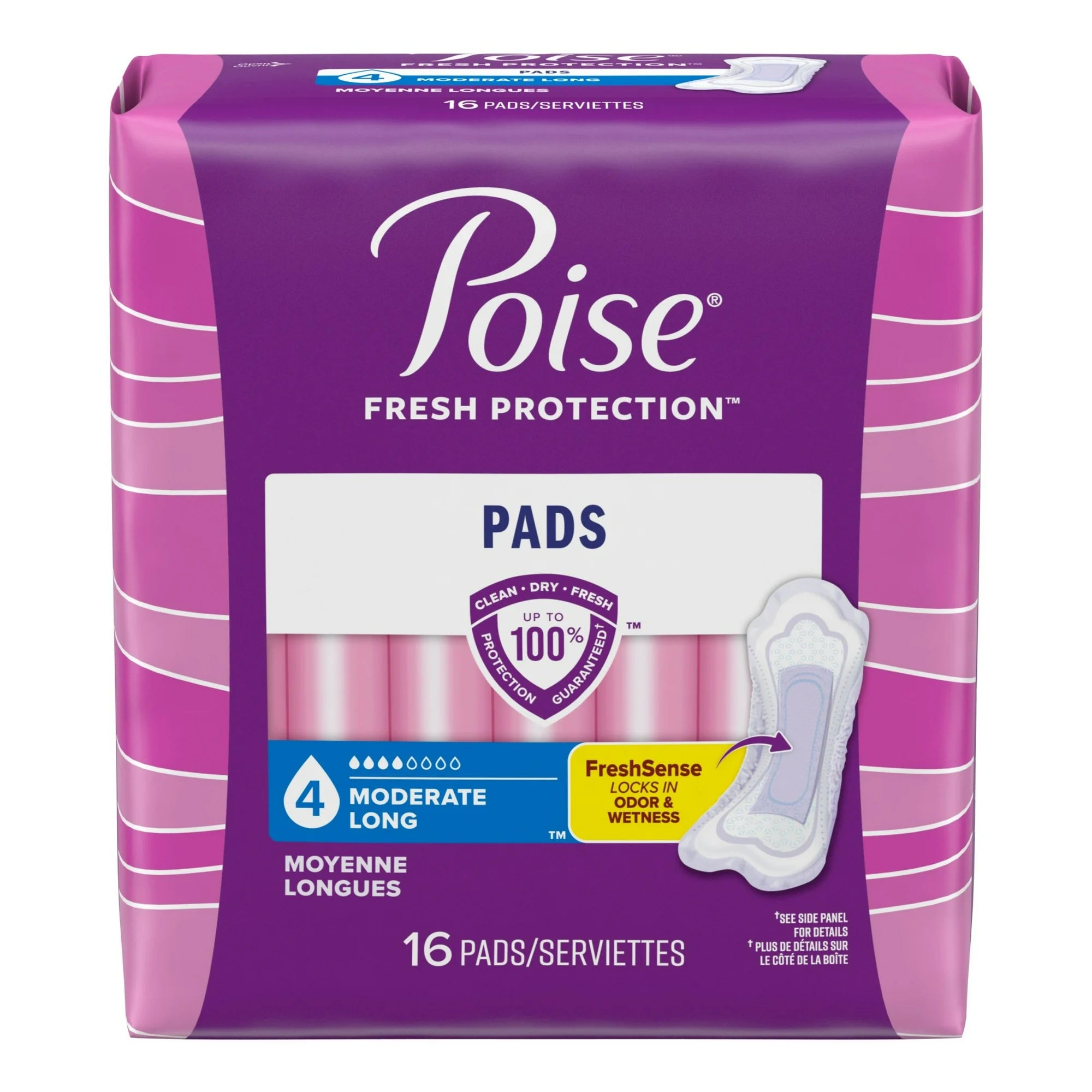 Poise Incontinence Pads for Women, 4 Drop Moderate Absorbency, Long Length, 16 Count