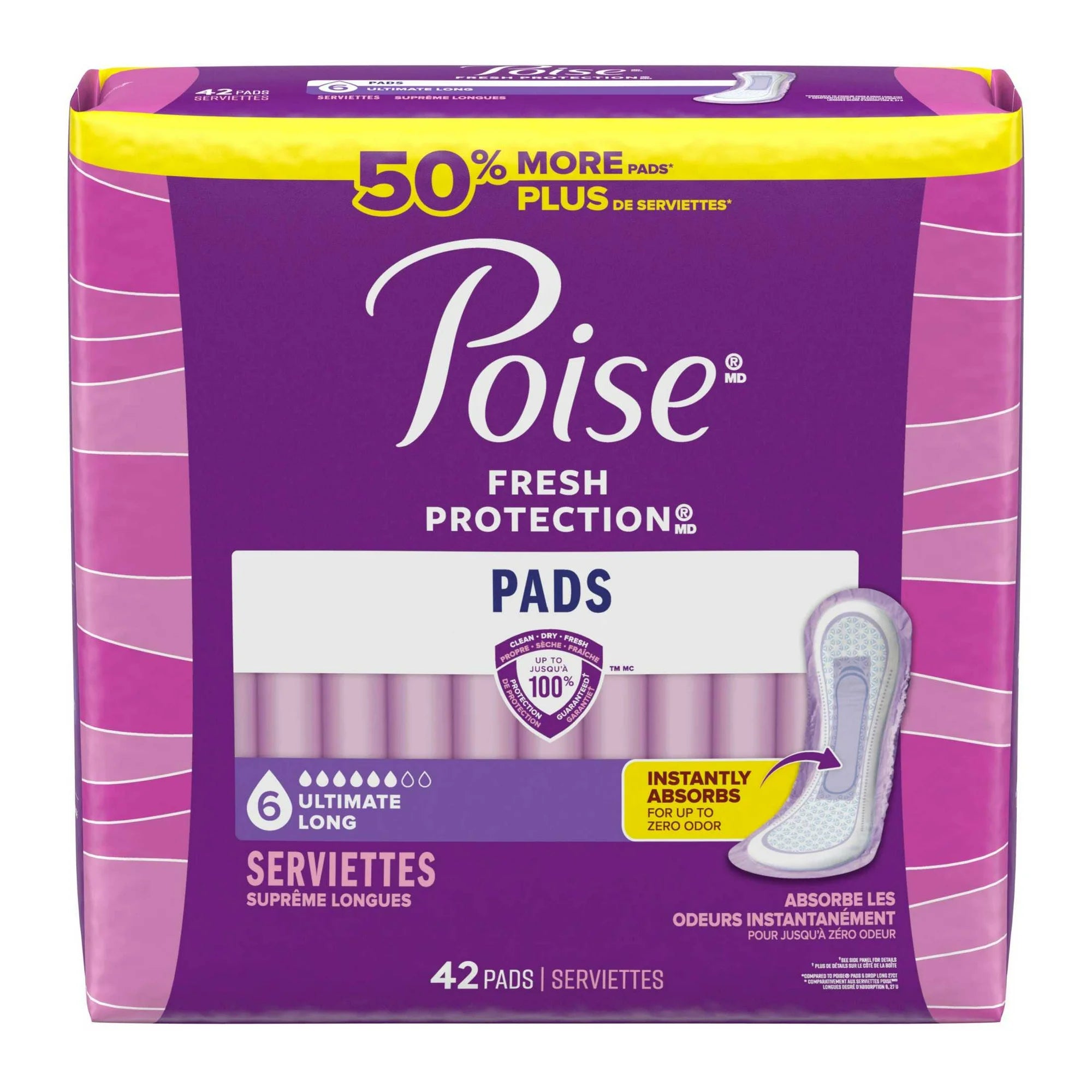 Poise Incontinence Pads for Women, 6 Drop Ultimate Absorbency, Long Length, 42 Count