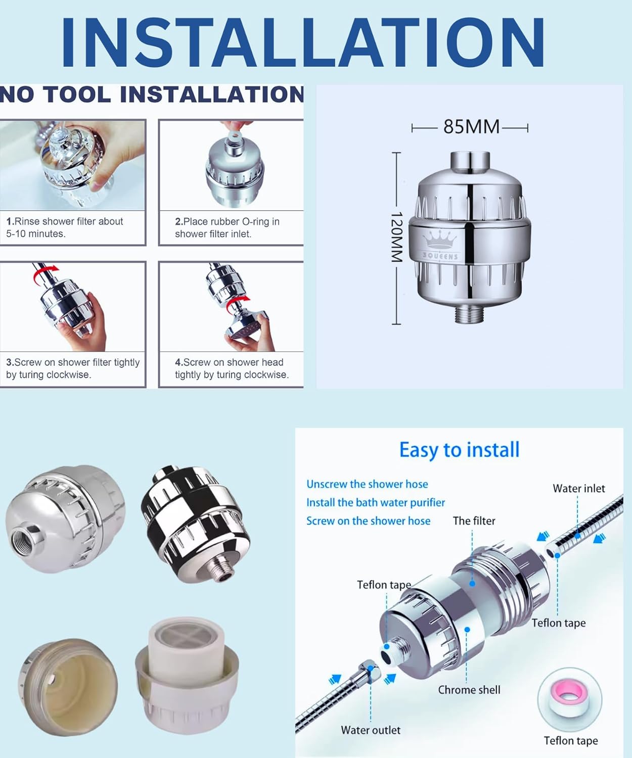 3QUEENS Universal Shower Filter – Chrome Silver