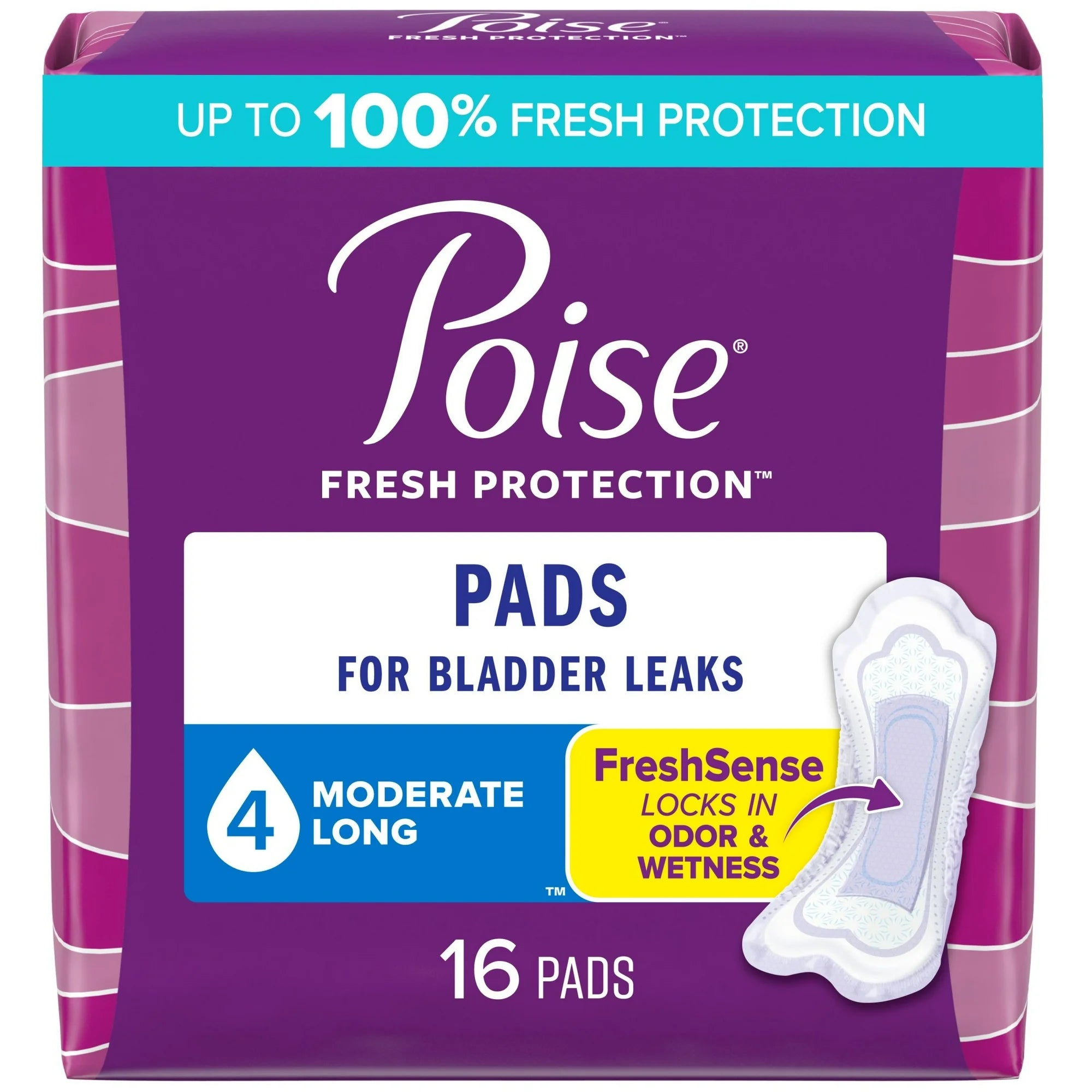 Poise Incontinence Pads for Women, 4 Drop Moderate Absorbency, Long Length, 16 Count