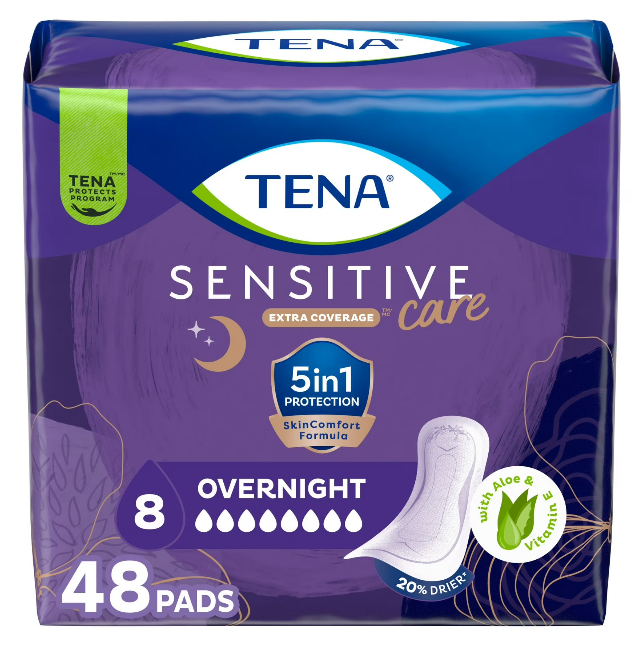 TENA Sensitive Care Extra Coverage Overnight Incontinence Pads, 48 Count