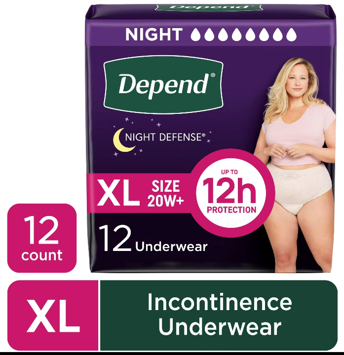 Depend Night Defense Incontinence Underwear for Women, Adult Diapers, XL, 12 Count