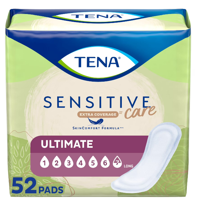 TENA Sensitive Care Extra Coverage Ultimate Incontinence Long Pads, 52ct