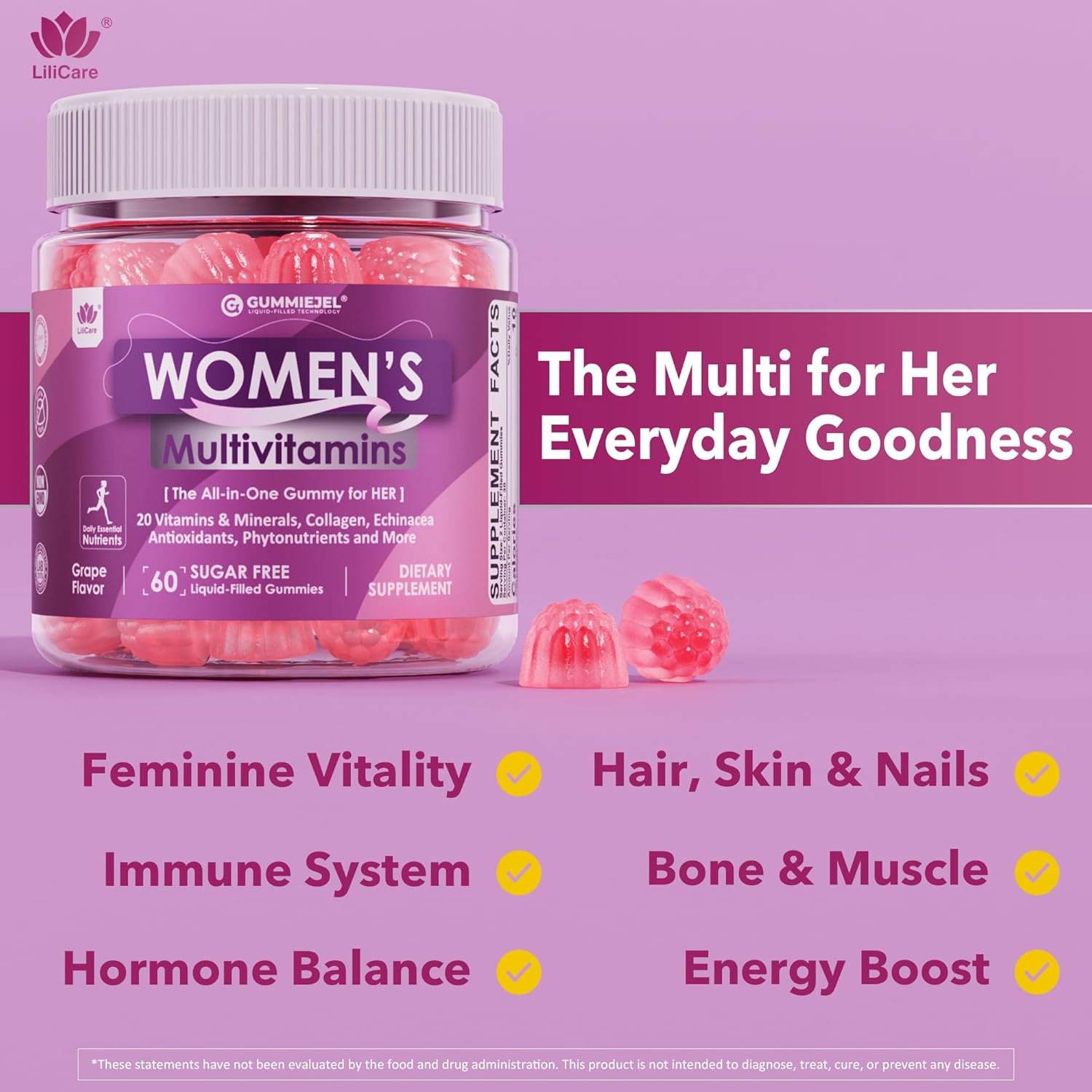 Women's Multivitamin Gummies 60 Count | Biotin, Iron, Collagen & Methylfolate | Sugar-Free | New