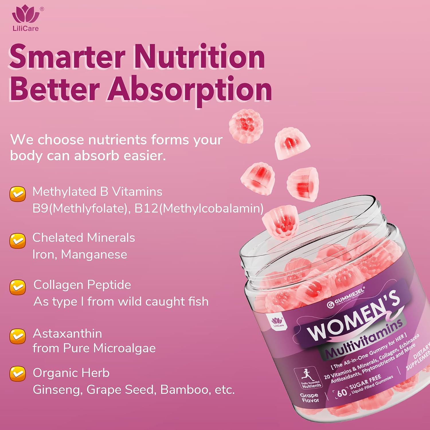 Women's Multivitamin Gummies 60 Count | Biotin, Iron, Collagen & Methylfolate | Sugar-Free | New