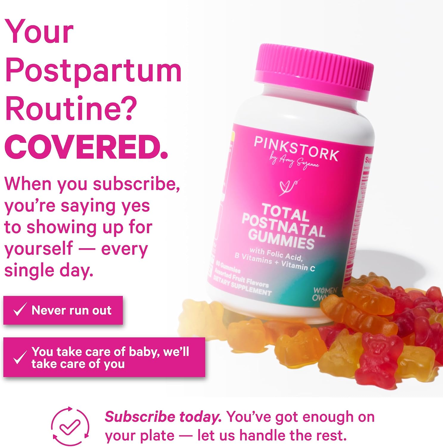 Pink Stork Total Postnatal Vitamin Gummies 60 Count | Folic Acid, B6, Zinc & Vitamin C | New